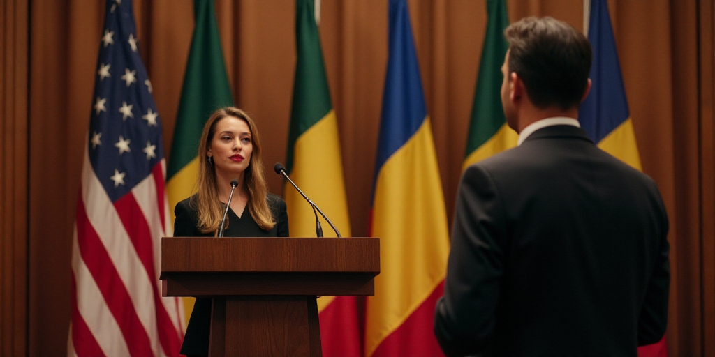 a woman standing at a podium in front of a flag and a man standing behind a podium with a flag, Estu