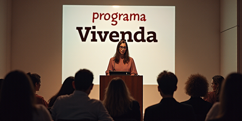 a woman standing at a podium in front of a crowd of people in front of a sign that reads programa vi