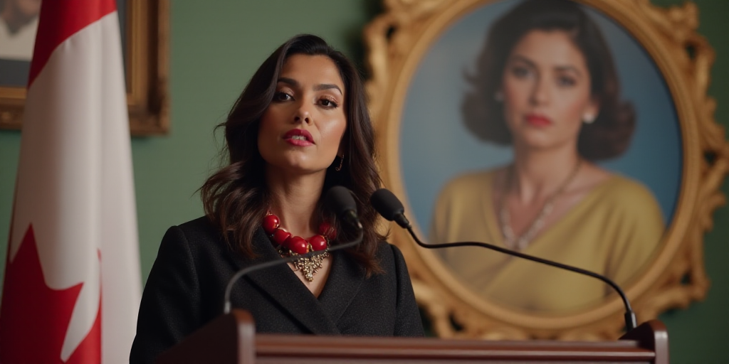 a woman standing at a podium in front of a flag and a sign with a picture of a woman, Araceli Gilber