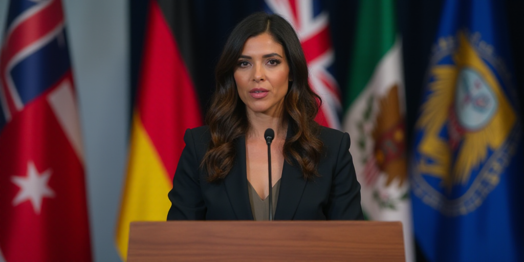 a woman standing at a podium in front of flags and a flag behind her is a microphone with a micropho