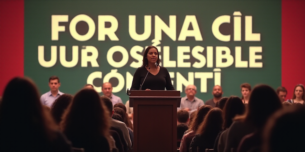 a woman standing at a podium in front of a crowd of people in front of a sign that says, for una cil