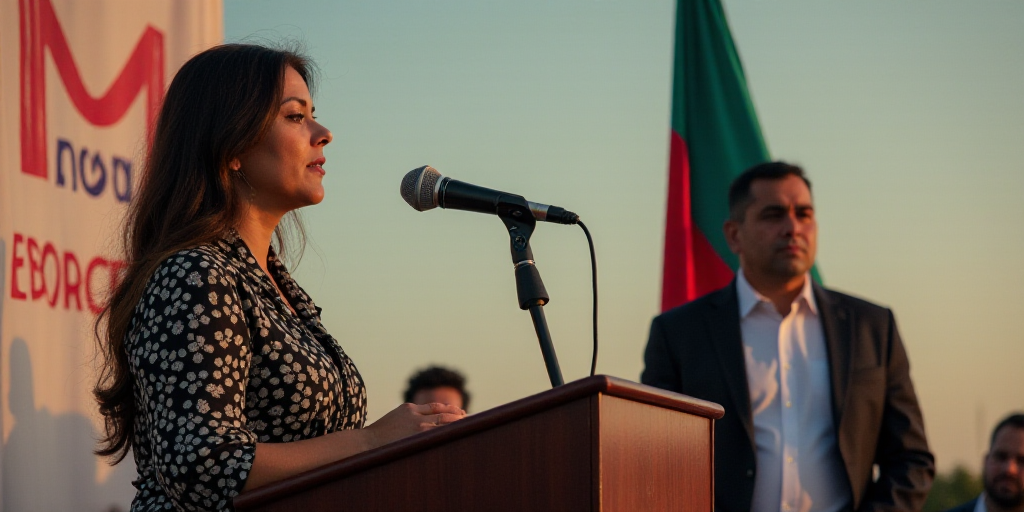 a woman standing at a podium in front of a banner and a microphone in front of her is a man with a f