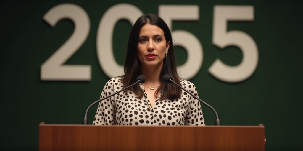 a woman standing at a podium with a microphone in front of her and a sign behind her that says 2055,