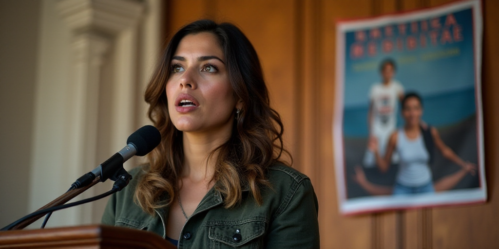 a woman standing at a podium with a microphone in front of her and a poster behind her on the wall,