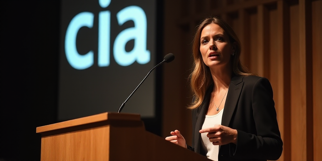 a woman standing at a podium with a microphone in front of her and a sign behind her that says cia,