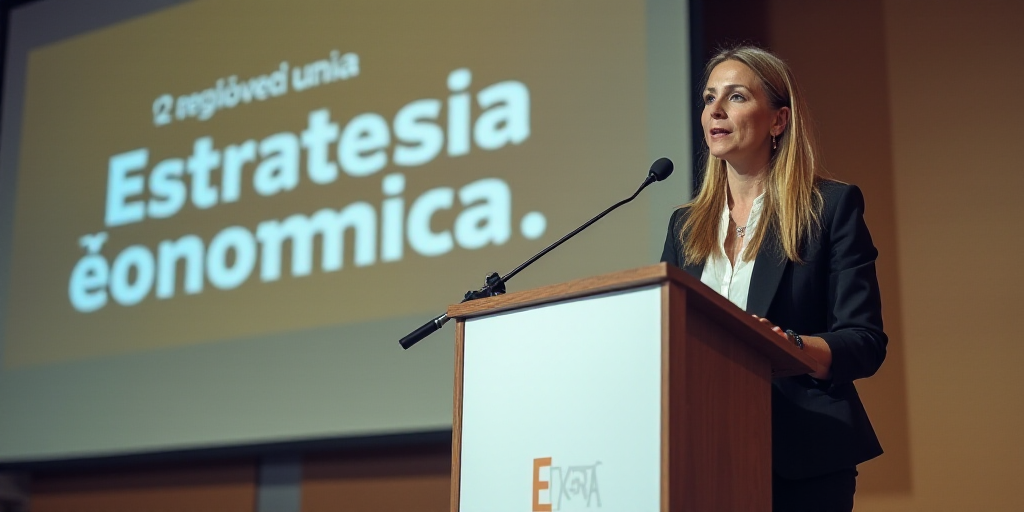 a woman standing at a podium with a microphone in front of her and a sign behind her that says estra