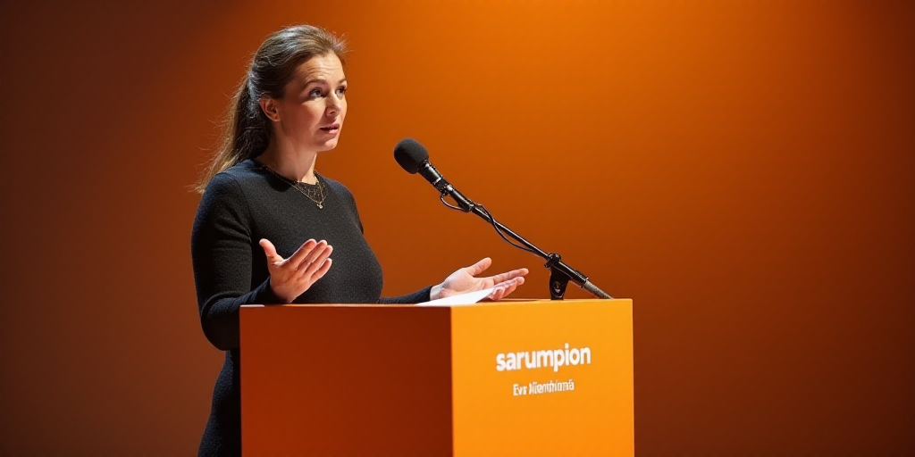 a woman standing at a podium with a microphone in front of her and a sign behind her that says sarum