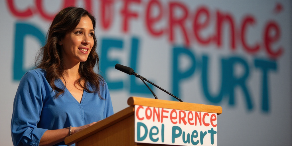 a woman standing at a podium with a microphone in front of her and a sign behind her that says confe