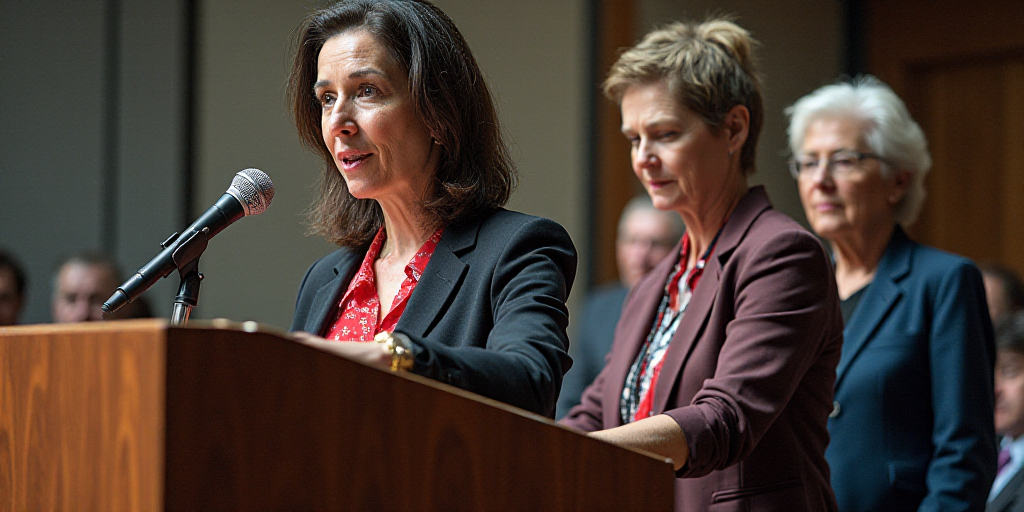 a woman standing at a podium with a microphone in front of her and another woman behind her with a m