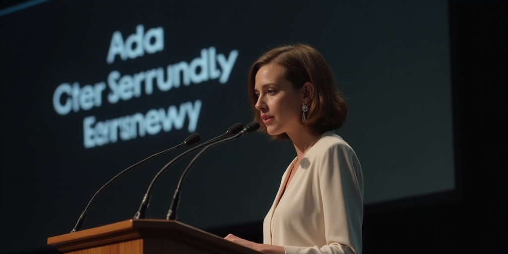 a woman standing at a podium with a microphone in front of her and a screen behind her with a messag