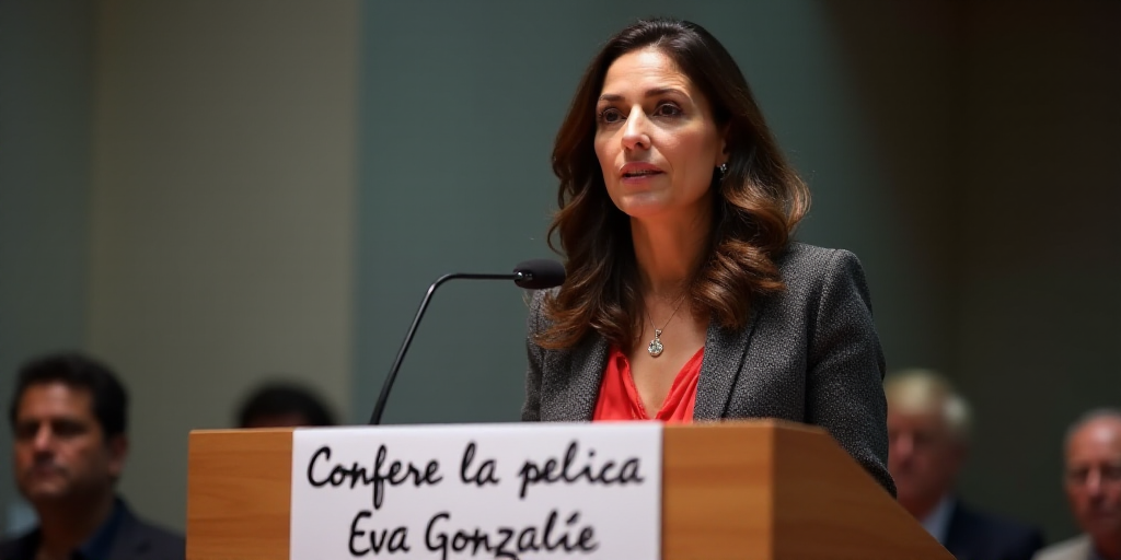 a woman standing at a podium with a microphone in front of her and a sign behind her that says confe