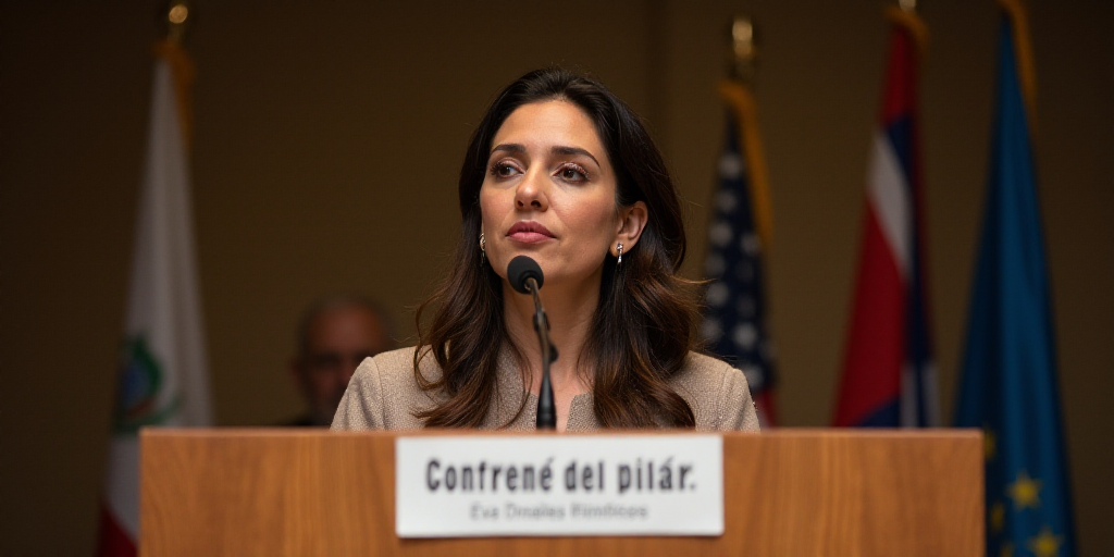 a woman standing at a podium with a microphone in front of her and a sign behind her that says confe