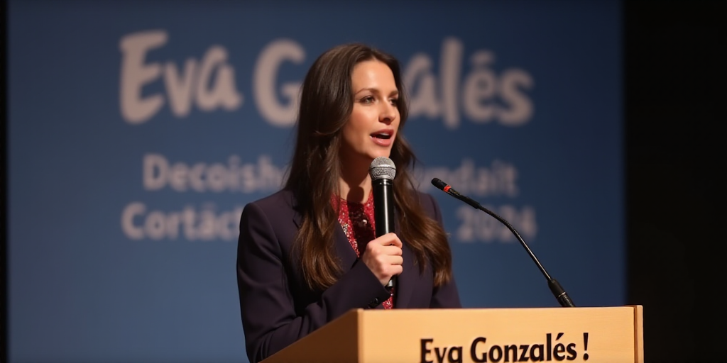 a woman standing at a podium with a microphone in her hand and a sign behind her that says,, Eva Gon