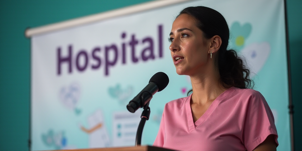 a woman standing at a podium with a microphone in front of her and a banner behind her that says hos