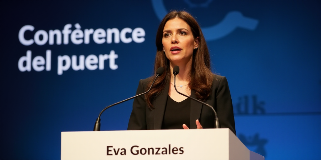 a woman standing at a podium with a microphone in front of her and a sign behind her that says confe