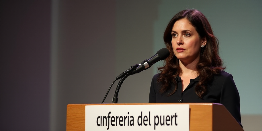 a woman standing at a podium with a microphone in front of her and a sign behind her that says confe