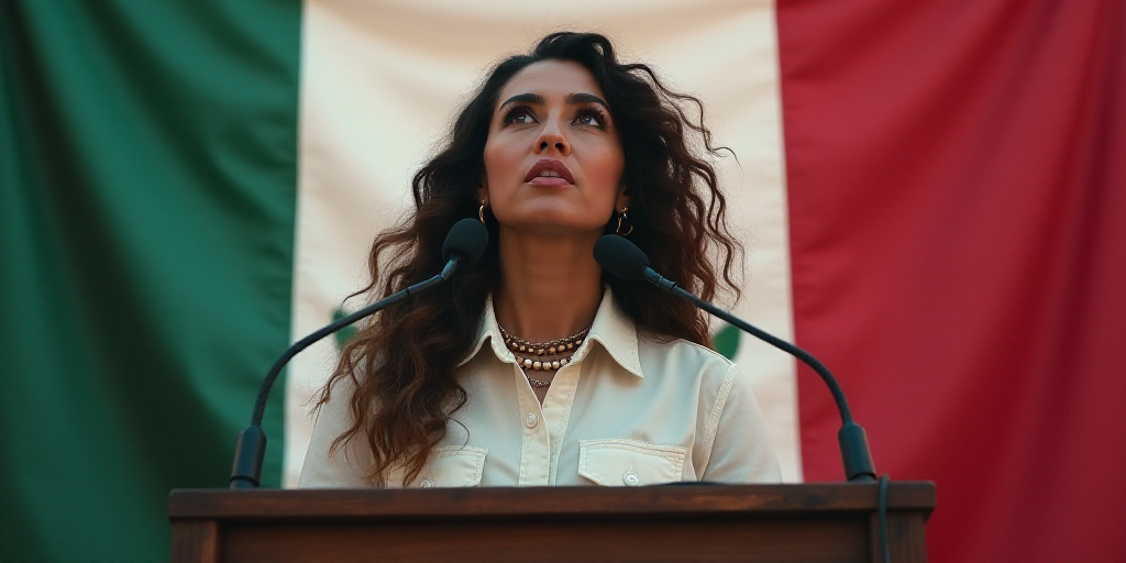 a woman standing at a podium with a microphone in front of her and another woman behind her with a m