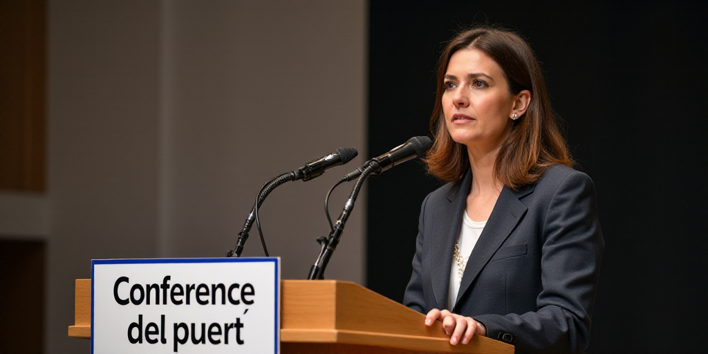 a woman standing at a podium with a microphone in front of her and a sign behind her that says confe