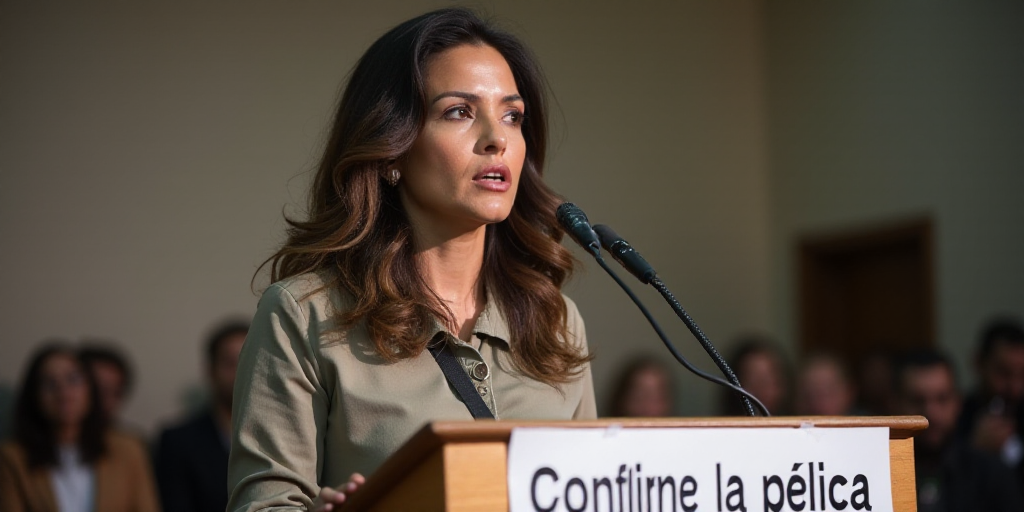 a woman standing at a podium with a microphone in front of her and a sign behind her that says confe