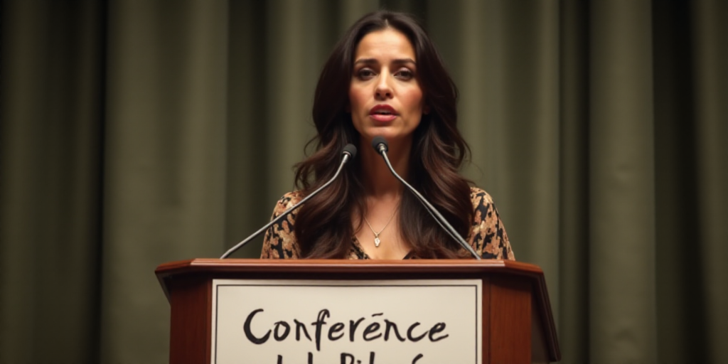 a woman standing at a podium with a microphone in front of her and a sign behind her that says confe