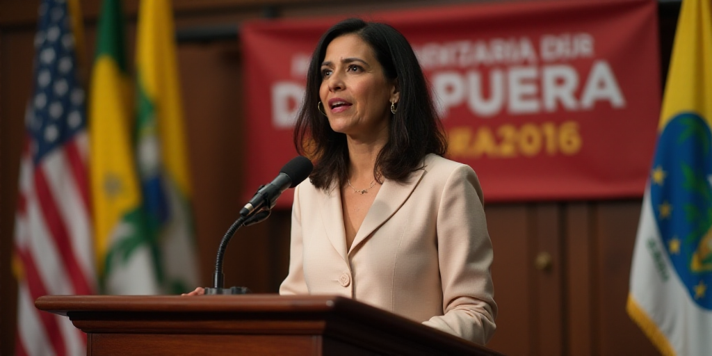 a woman standing at a podium with a flag behind her and a banner behind her behind her that reads co