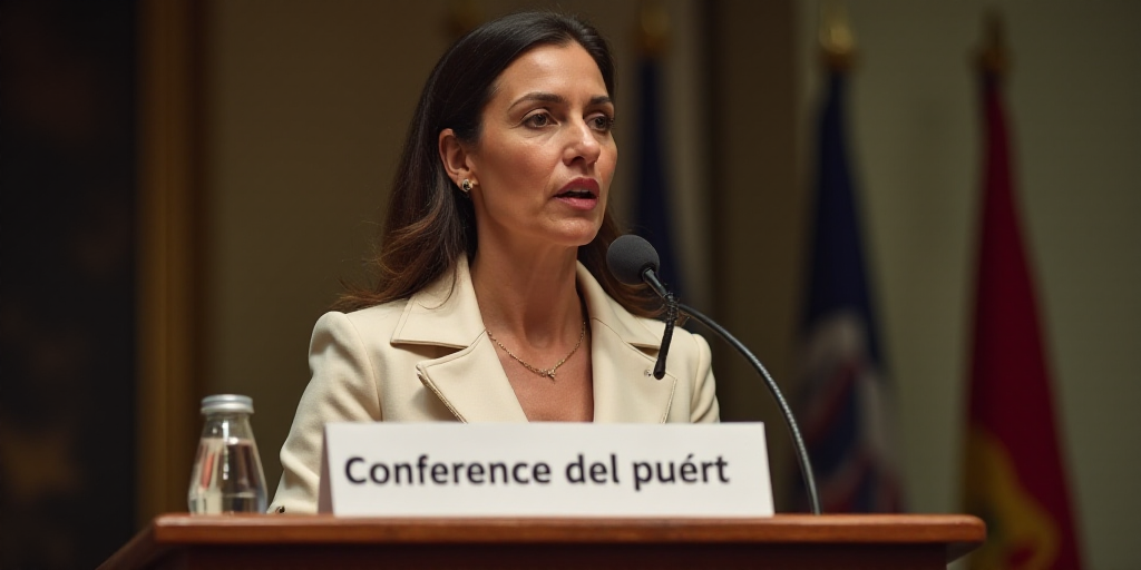 a woman standing at a podium with a microphone in front of her and a sign behind her that says confe