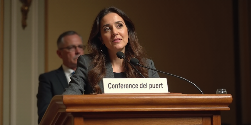a woman standing at a podium with a microphone in front of her and a sign behind her that says confe