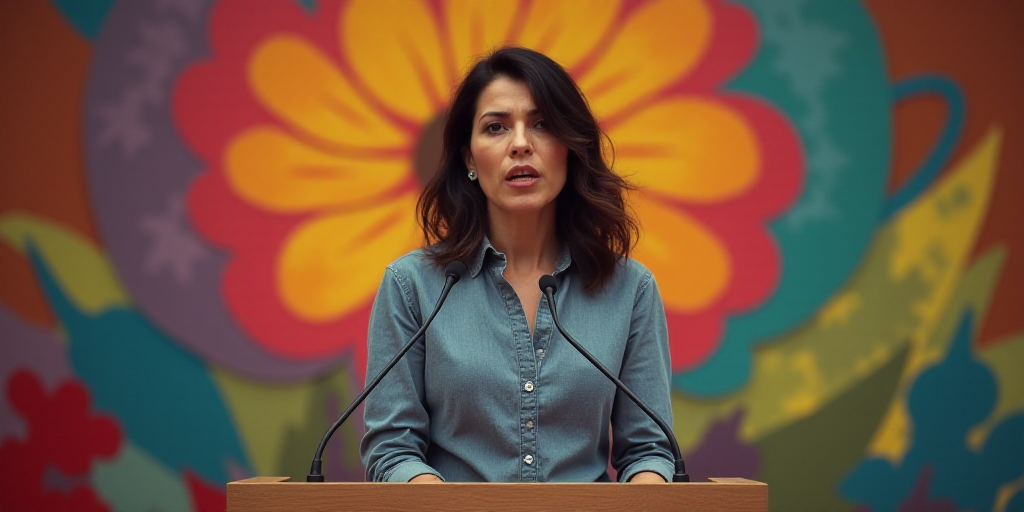 a woman standing at a podium with a microphone in front of her and a colorful wall behind her and a