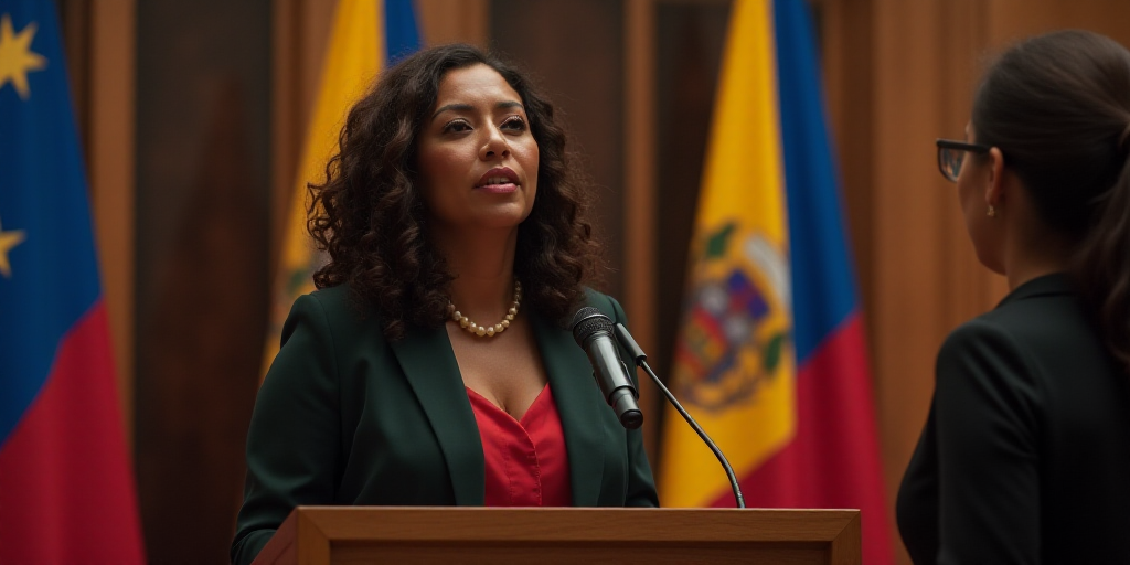 a woman standing at a podium with a microphone in front of a flag and a woman standing behind a podi