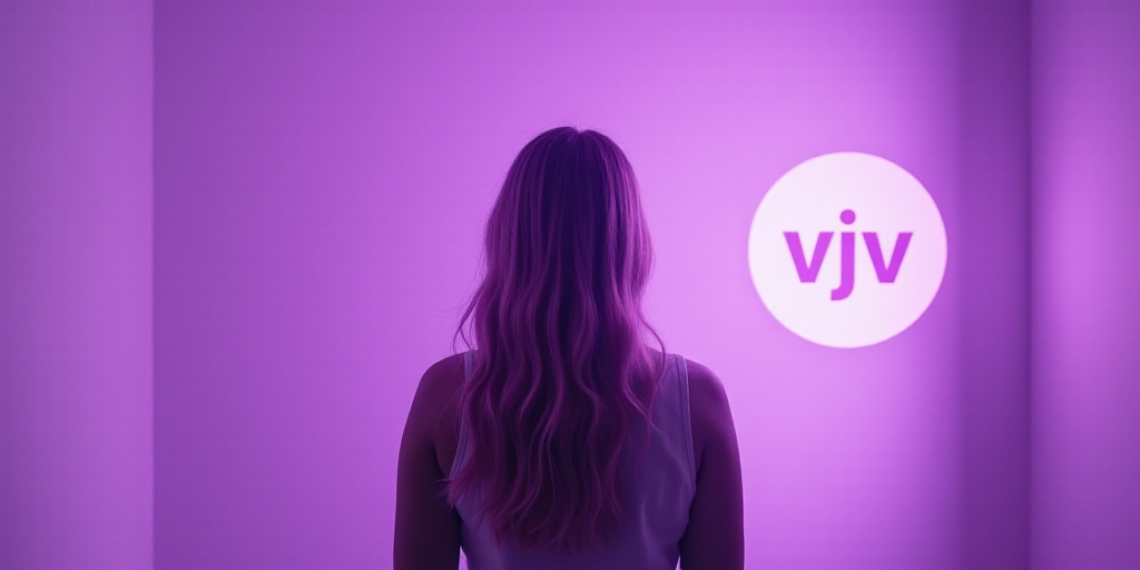 a woman standing in front of a purple wall with a vjv logo on it's side, Daphne Fedarb, purple, a st