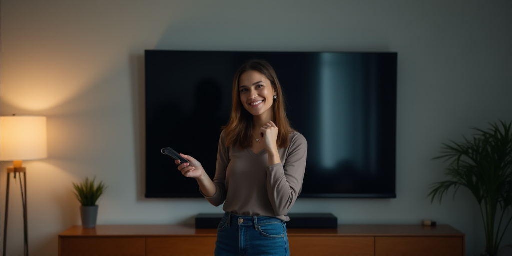a woman standing in front of a tv holding a remote control in her hand and a television in the backg