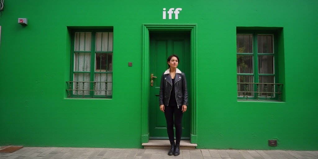 a woman standing in front of a green building with a green background and a green sign that says iff