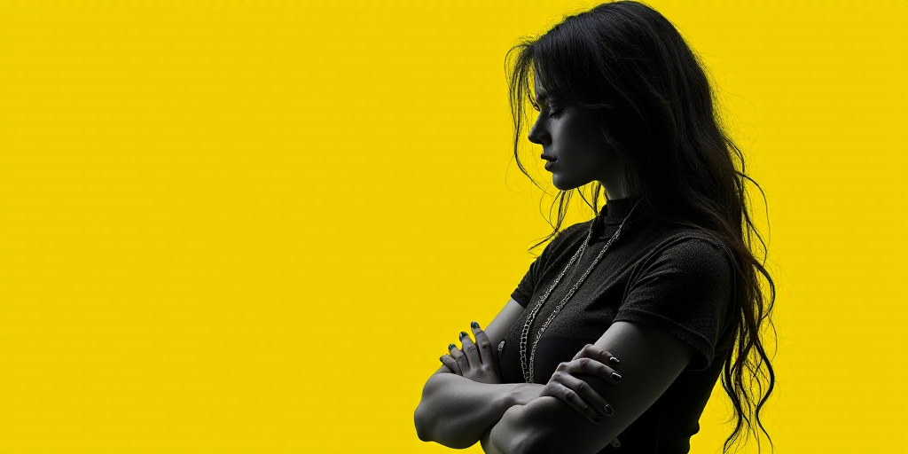 a woman standing in front of a black and yellow background with her arms crossed and a yellow backgr