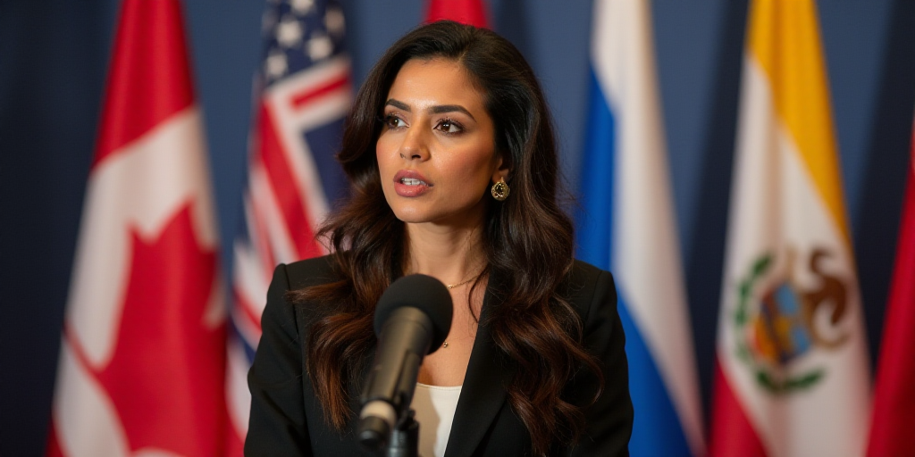 a woman standing in front of flags and a microphone in front of her is a microphone with a microphon