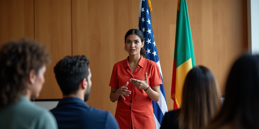 a woman standing in front of two flags giving a speech to people in a room with flags behind her, Ar