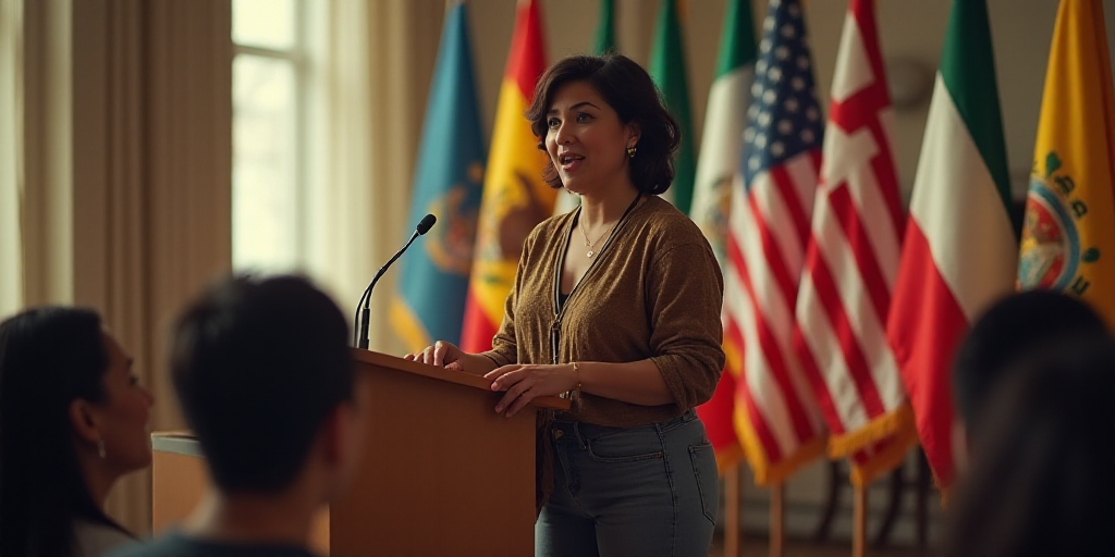 a woman standing in front of two flags giving a speech to people in a room with flags behind her, Ar