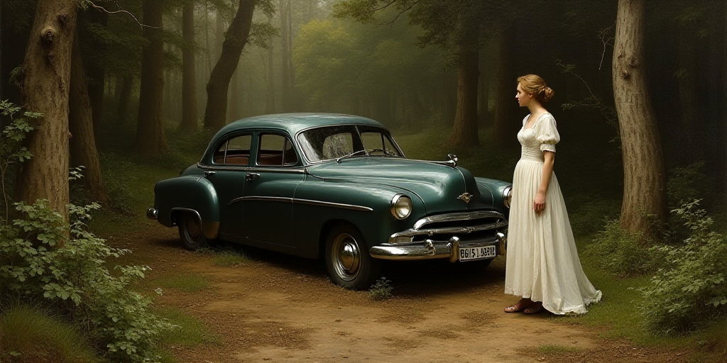 a woman standing next to a car that has been flipped over in a forest area with trees and bushes, Ce