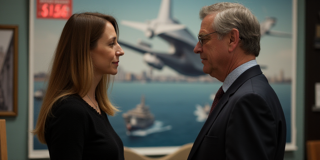 a woman standing next to a man in a suit and tie in front of a poster of national security, Evelyn A