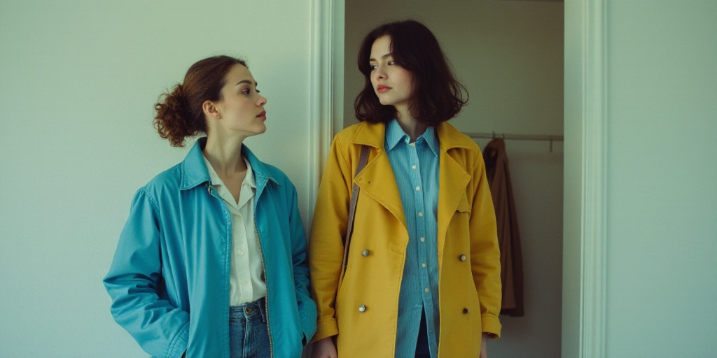 a woman standing next to a woman in a blue jacket and yellow jacket and a white wall with a coat on,