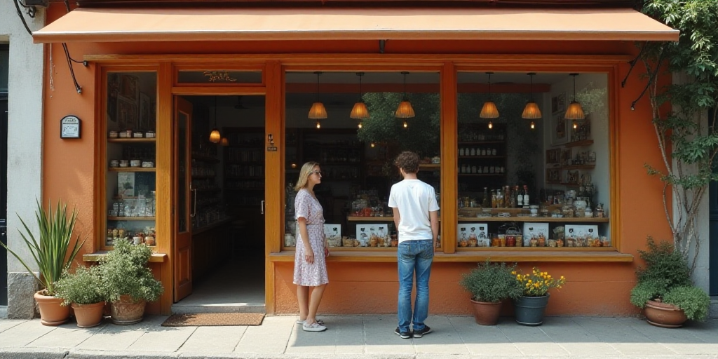 a woman standing outside of a store with a window open to the store's contents and a man standing in