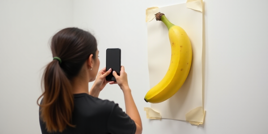 a woman taking a picture of a banana on a wall with a cell phone in front of it and a paper taped to