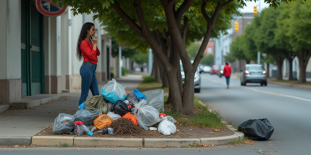 a woman talking on a cell phone next to a pile of trash on a street corner with a woman standing nex