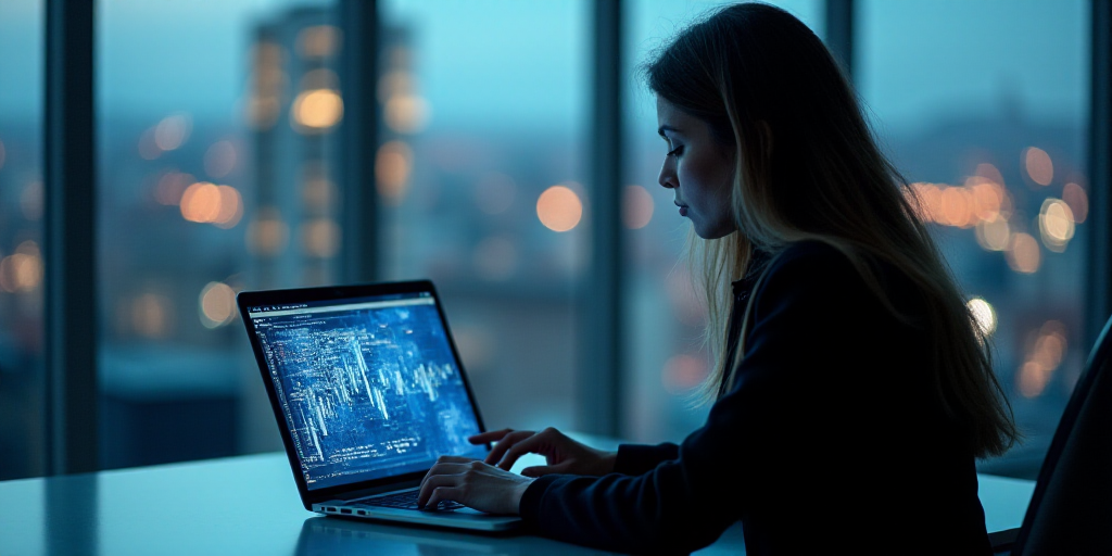 a woman using a laptop computer with a digital interface on the screen and a cityscape in the backgr