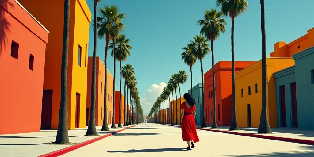a woman walking down a street past tall buildings with palm trees in the foreground and a blue sky,