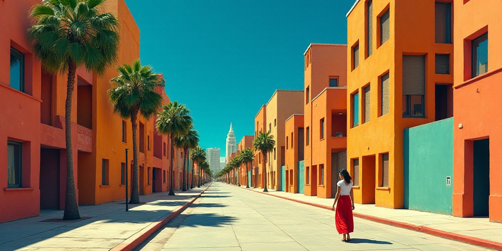 a woman walking down a street past tall buildings with palm trees in the foreground and a blue sky,