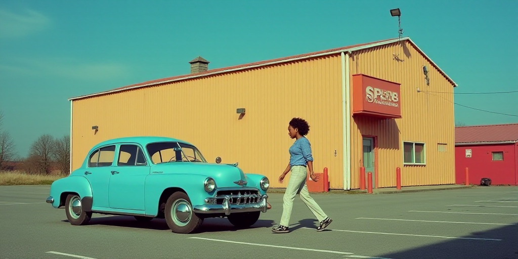 a woman walking past a blue car in a parking lot next to a building with a sign on it, Arie Smit, sa
