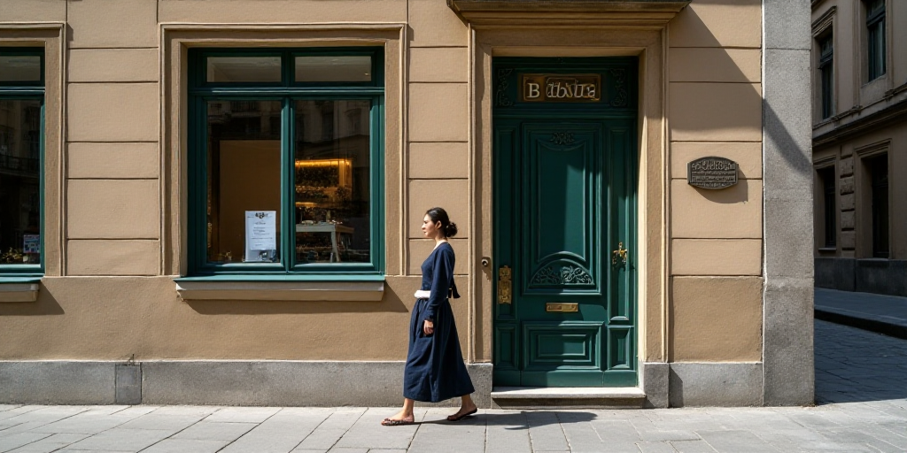 a woman walking past a building with a sign that says b bva on it's front door, Eva Gonzalès, symme