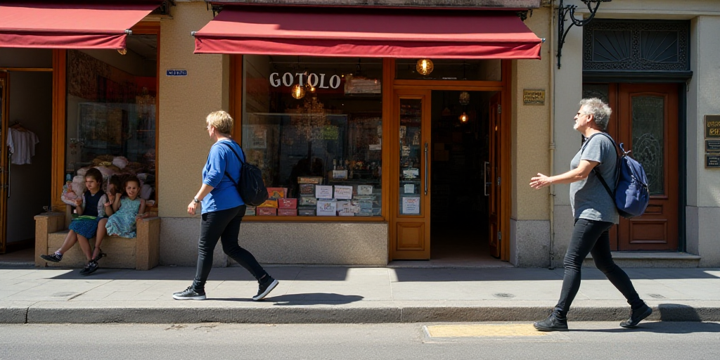 a woman walking past a store front with a man walking by her and a woman walking past her with a bac