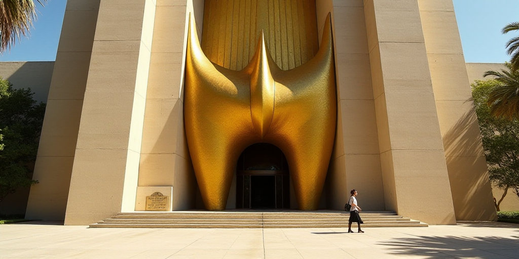 a woman walking past a tall building with a giant golden bird on the front of it's entrance, David A