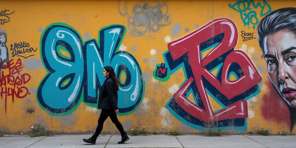 a woman walking past a wall with graffiti on it and writing on it in spanish and spanish on it, Eva